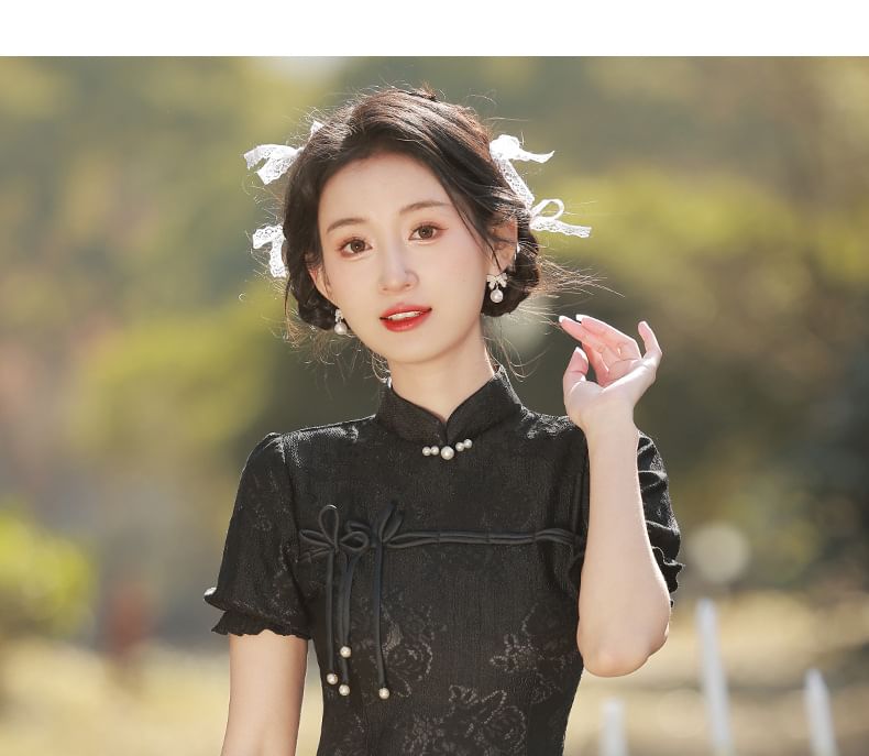 Puff-Sleeve Stand Collar Bow Mini A-Line Lace Dress SpreePicky