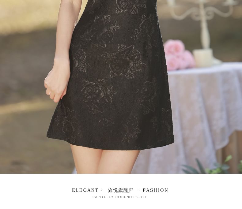 Puff-Sleeve Stand Collar Bow Mini A-Line Lace Dress SpreePicky