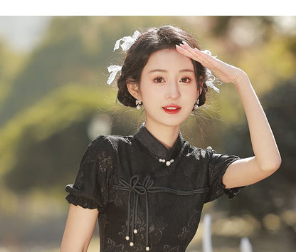 Puff-Sleeve Stand Collar Bow Mini A-Line Lace Dress SpreePicky