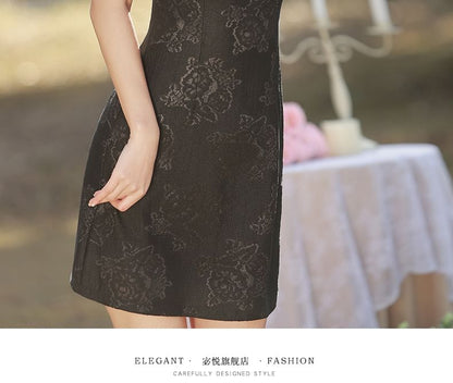 Puff-Sleeve Stand Collar Bow Mini A-Line Lace Dress SpreePicky