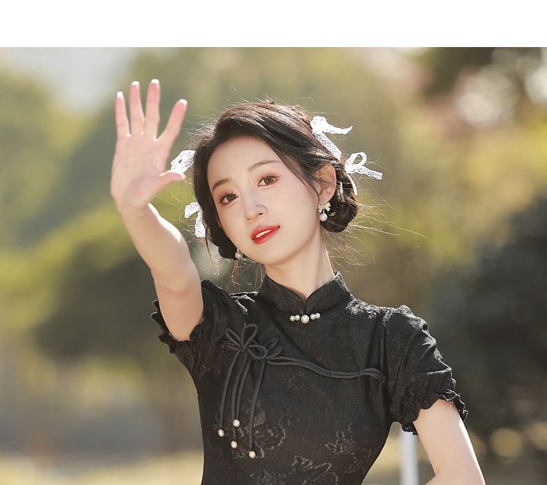 Puff-Sleeve Stand Collar Bow Mini A-Line Lace Dress SpreePicky