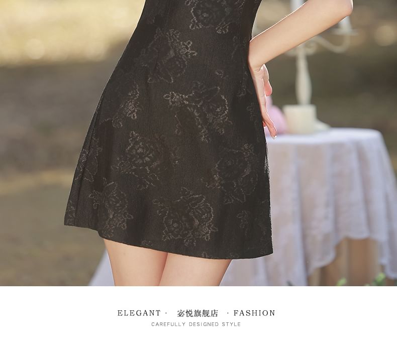 Puff-Sleeve Stand Collar Bow Mini A-Line Lace Dress SpreePicky