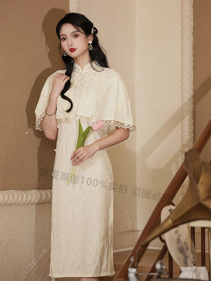 Set: Halter-Neck Slit Midi Lace Qipao + Lace Trim Cape SpreePicky