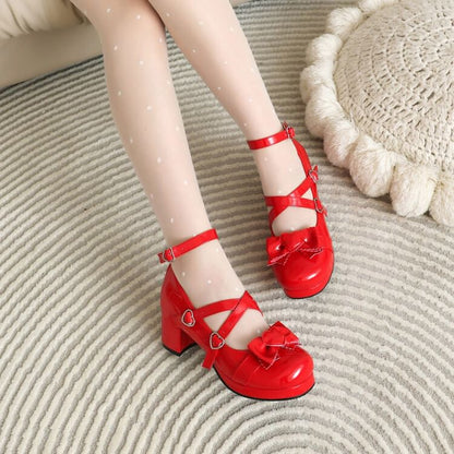 Cross Strap Bow Platform Chunky Heel Mary Jane Pumps SpreePicky