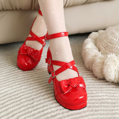 Cross Strap Bow Platform Chunky Heel Mary Jane Pumps SpreePicky