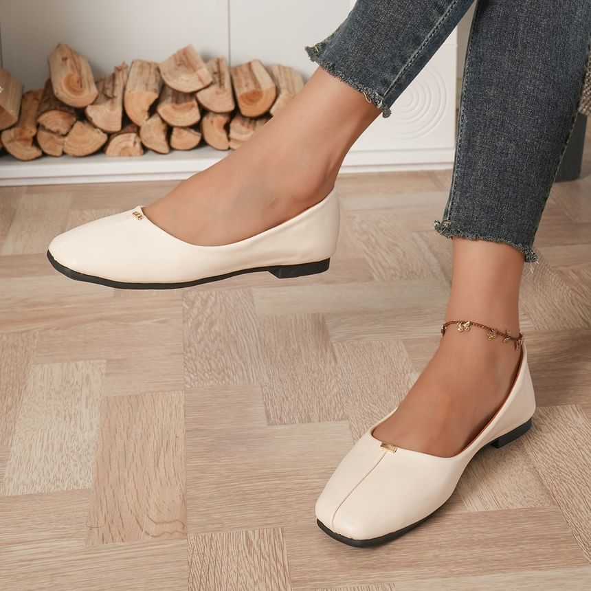 Square Toe Plain Faux Leather Flats SpreePicky