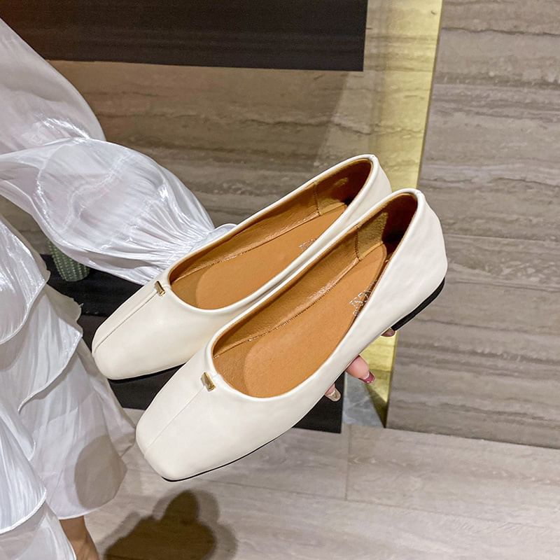 Square Toe Plain Faux Leather Flats SpreePicky