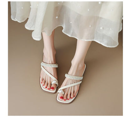 Faux Pearl Toe Loop Slide Sandals SpreePicky