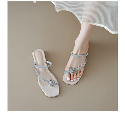 Rhinestone Toe Loop Chunky Heel Slide Sandals SpreePicky