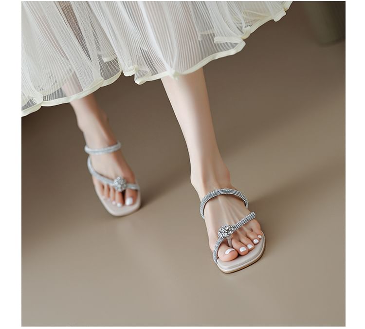 Rhinestone Toe Loop Chunky Heel Slide Sandals SpreePicky