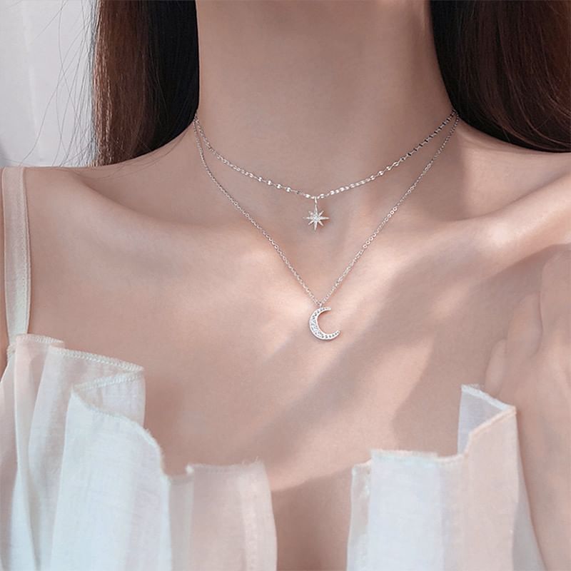 Moon & Star Pendant Layered Alloy Choker mySite