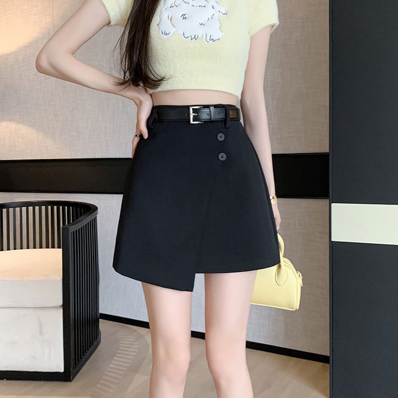 High Waist Plain Asymmetrical Buttoned Mini A-Line Skirt SpreePicky