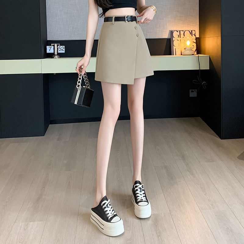 High Waist Plain Asymmetrical Buttoned Mini A-Line Skirt SpreePicky