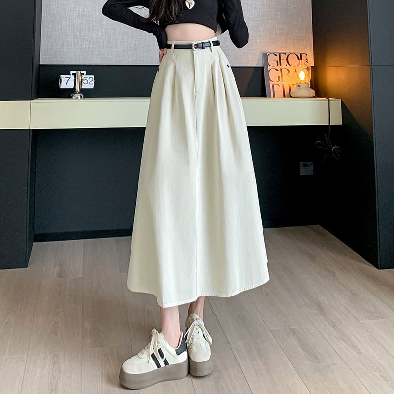 High Waist Plain Pleated Midi A-Line Denim Skirt SpreePicky