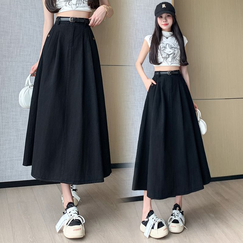 High Waist Plain Pleated Midi A-Line Denim Skirt SpreePicky