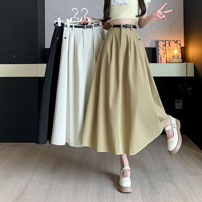 High Waist Plain Pleated Midi A-Line Denim Skirt SpreePicky