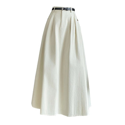 High Waist Plain Pleated Midi A-Line Denim Skirt SpreePicky