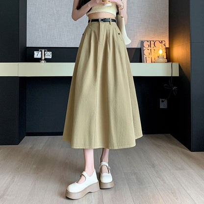 High Waist Plain Pleated Midi A-Line Denim Skirt SpreePicky