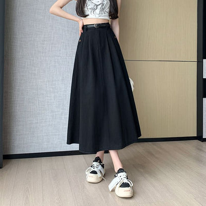 High Waist Plain Pleated Midi A-Line Denim Skirt SpreePicky