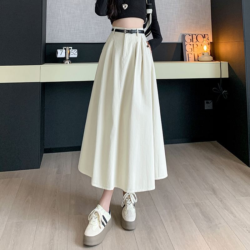 High Waist Plain Pleated Midi A-Line Denim Skirt SpreePicky