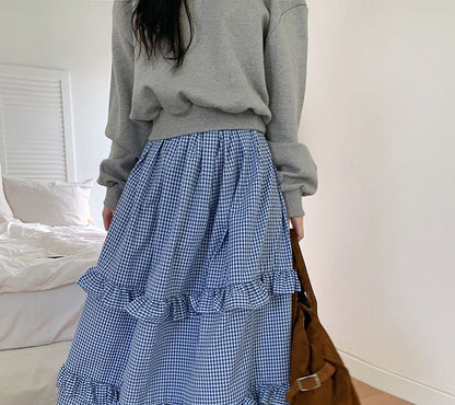 High Waist Plaid Maxi Tiered Skirt SpreePicky