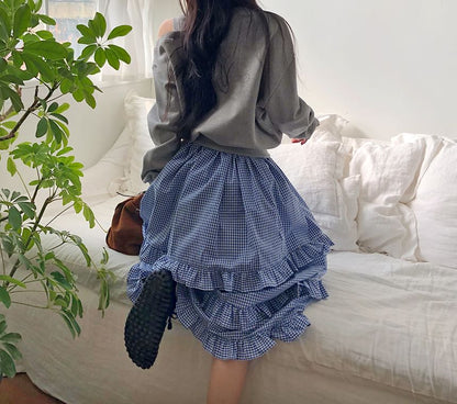 High Waist Plaid Maxi Tiered Skirt SpreePicky