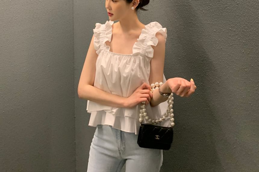 Sleeveless Square Neck Ruffle Plain Flowy Top SpreePicky