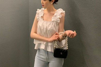 Sleeveless Square Neck Ruffle Plain Flowy Top SpreePicky