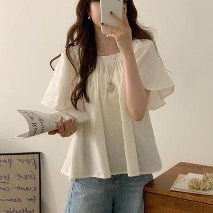 Short-Sleeve Square Neck Plain Blouse mySite