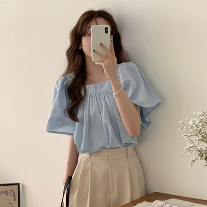 Short-Sleeve Square Neck Plain Blouse mySite