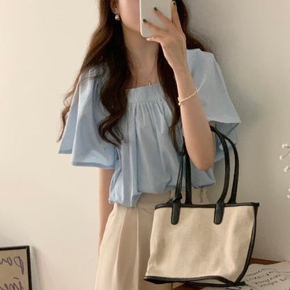 Short-Sleeve Square Neck Plain Blouse mySite