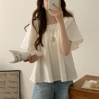 Short-Sleeve Square Neck Plain Blouse mySite