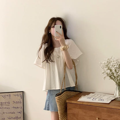 Short-Sleeve Square Neck Plain Blouse mySite