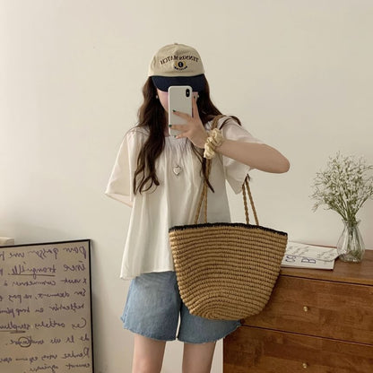 Short-Sleeve Square Neck Plain Blouse mySite