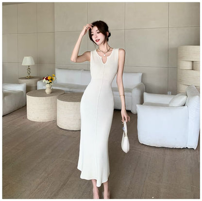 Sleeveless Notch Neck Plain Midi Sheath Dress mySite