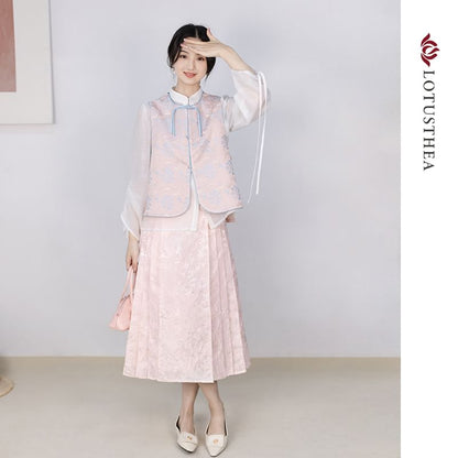 Puff-Sleeve Plain Blouse / Frog Buttoned Hanfu Vest / High Waist Mini Pleated A-Line Skirt SpreePicky