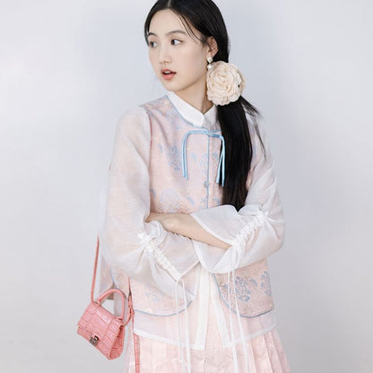 Puff-Sleeve Plain Blouse / Frog Buttoned Hanfu Vest / High Waist Mini Pleated A-Line Skirt SpreePicky