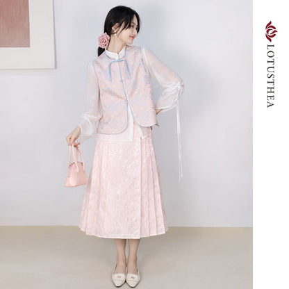 Puff-Sleeve Plain Blouse / Frog Buttoned Hanfu Vest / High Waist Mini Pleated A-Line Skirt SpreePicky