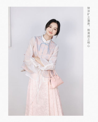 Puff-Sleeve Plain Blouse / Frog Buttoned Hanfu Vest / High Waist Mini Pleated A-Line Skirt SpreePicky