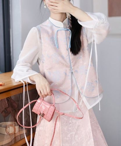 Puff-Sleeve Plain Blouse / Frog Buttoned Hanfu Vest / High Waist Mini Pleated A-Line Skirt SpreePicky