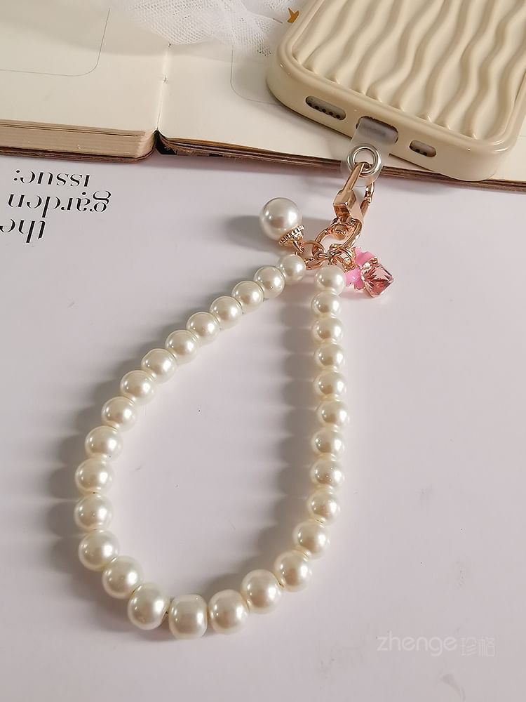 Bow Faux Pearl Phone Strap with Lanyard Pad SpreePicky