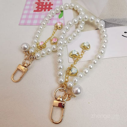 Heart Faux Pearl Phone Strap with Lanyard Pad SpreePicky