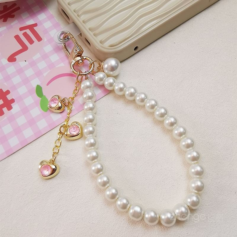 Heart Faux Pearl Phone Strap with Lanyard Pad SpreePicky