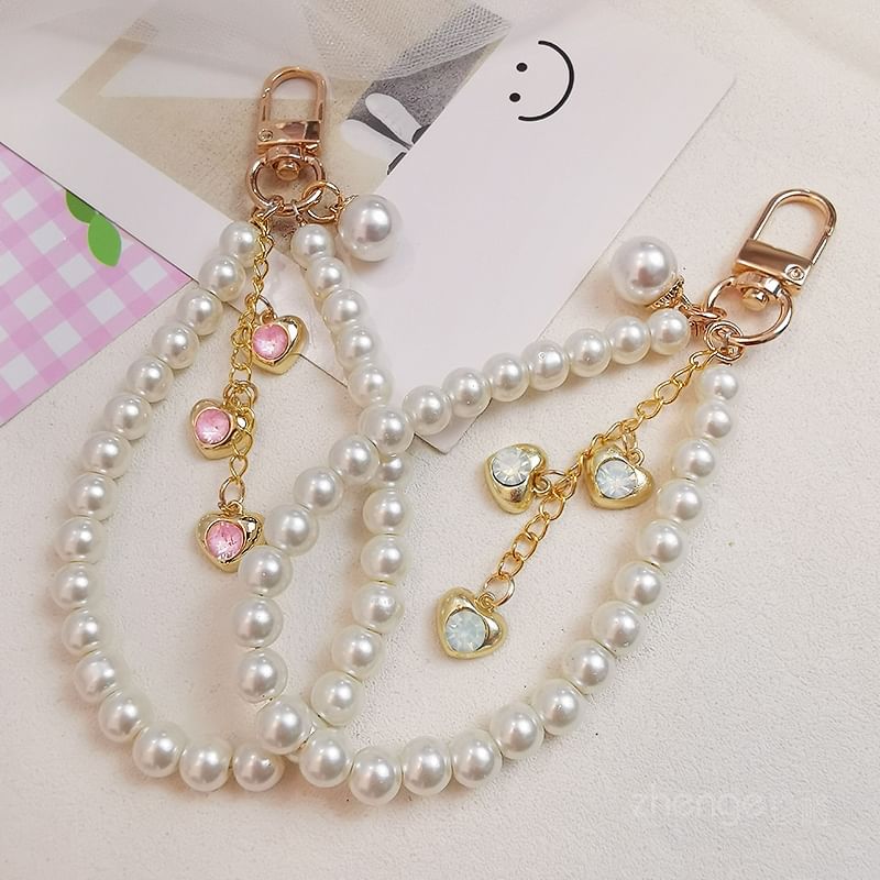 Heart Faux Pearl Phone Strap with Lanyard Pad SpreePicky