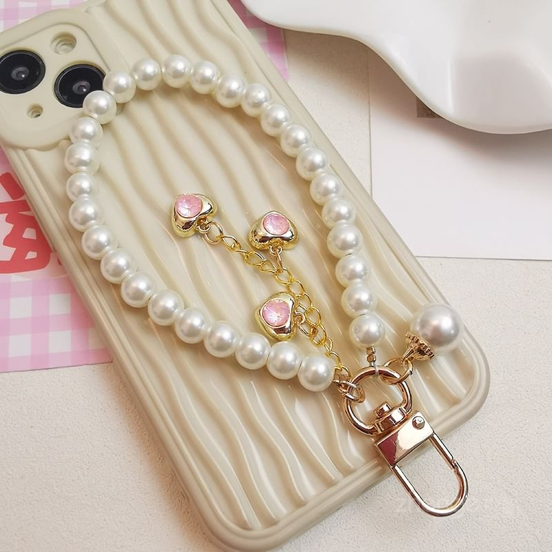 Heart Faux Pearl Phone Strap with Lanyard Pad SpreePicky