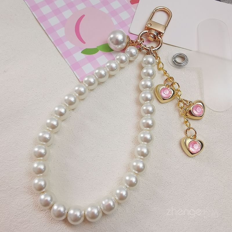 Heart Faux Pearl Phone Strap with Lanyard Pad SpreePicky