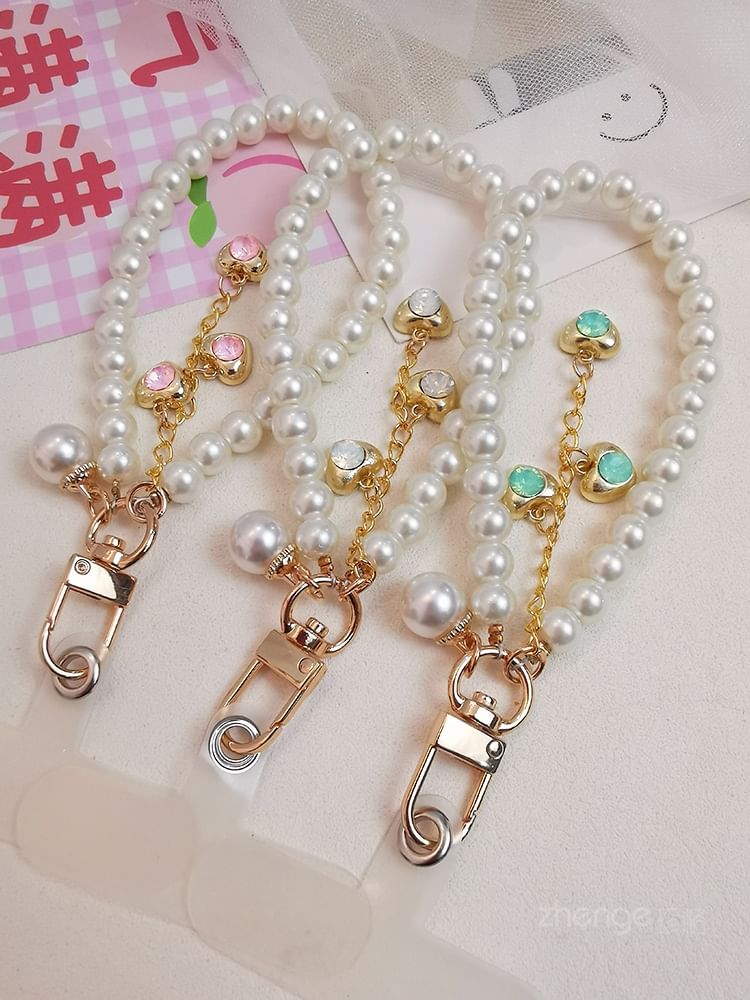 Heart Faux Pearl Phone Strap with Lanyard Pad SpreePicky