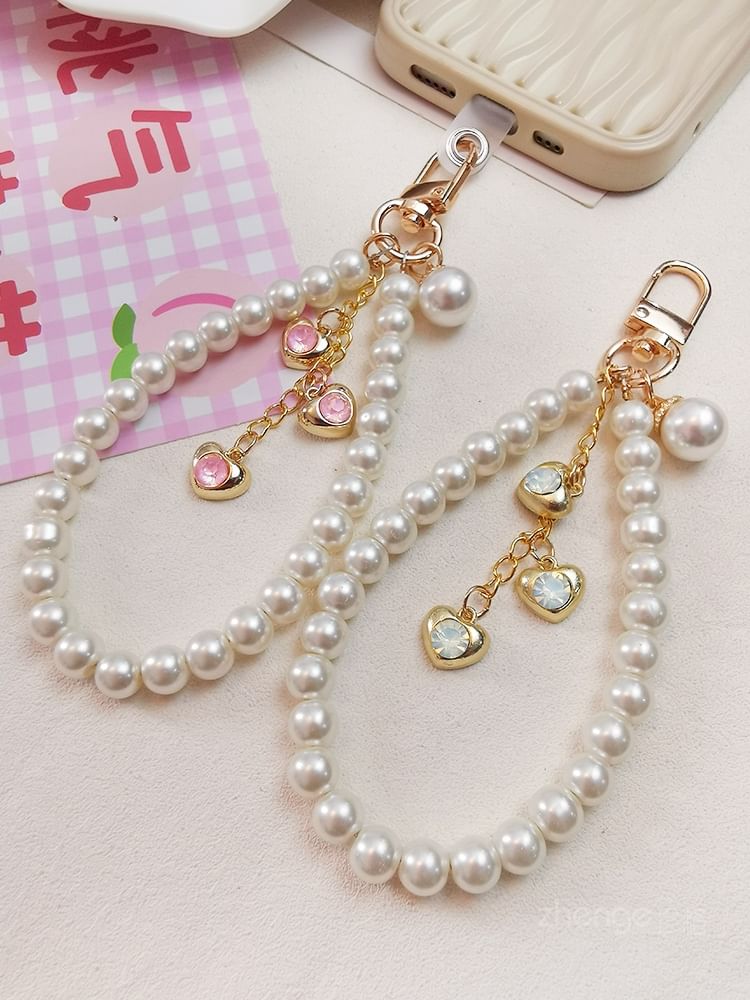 Heart Faux Pearl Phone Strap with Lanyard Pad SpreePicky