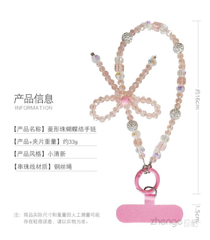 Bow Faux Crystal Phone Strap with Lanyard Pad SpreePicky