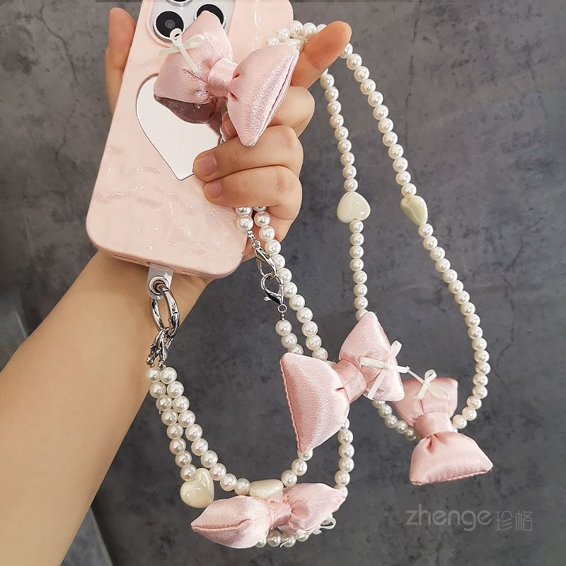 Bow Faux Pearl Phone Lanyard with Lanyard Pad SpreePicky